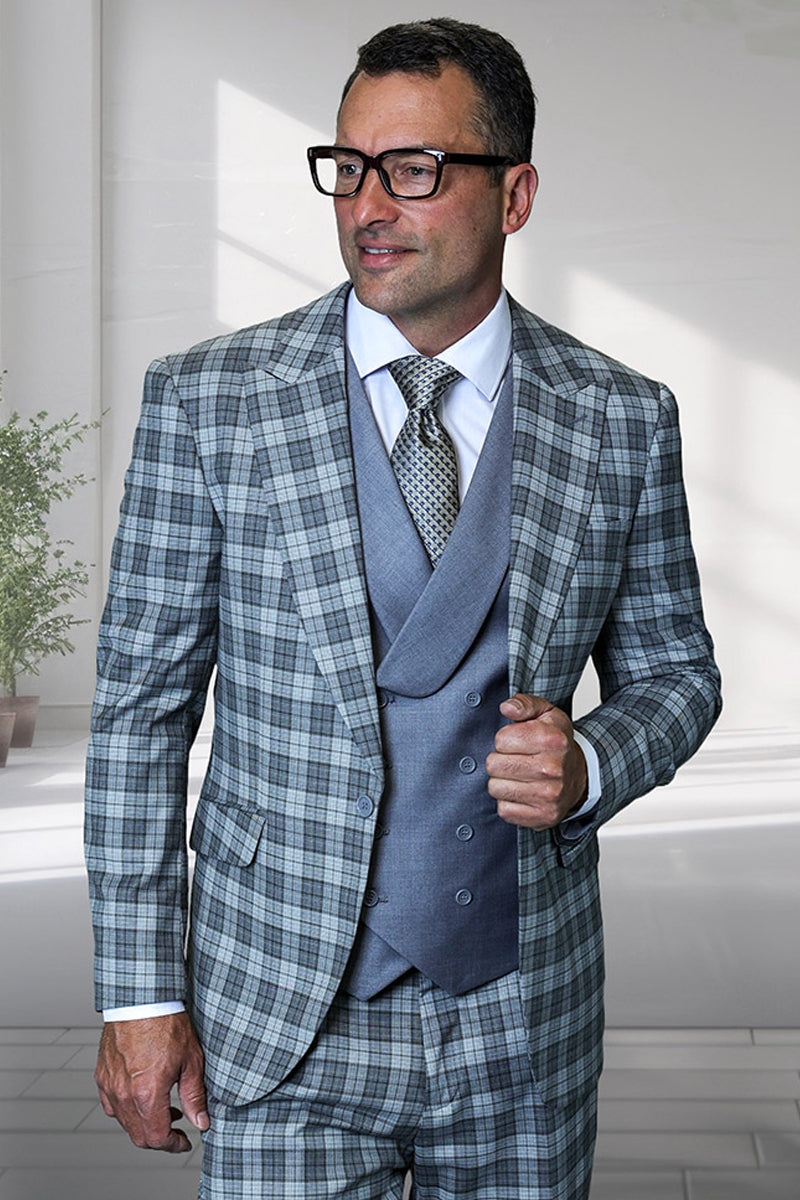 Men's Designer One Button Peak Lapel Italian Wool Suit with Double Breasted Vest in Charcoal Plaid