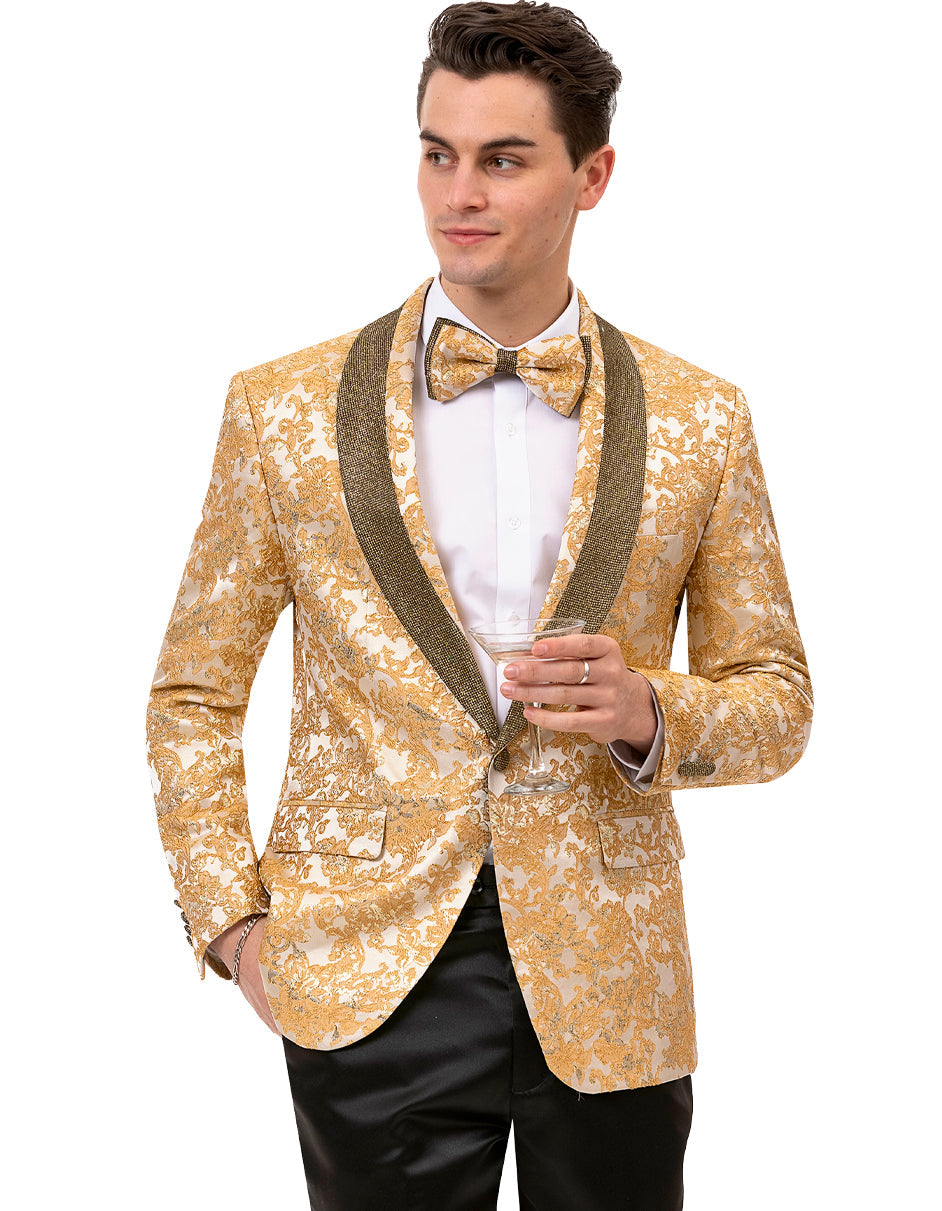 Mens Paisley Jeweled Shawl Prom Tuxedo Blazer in Gold