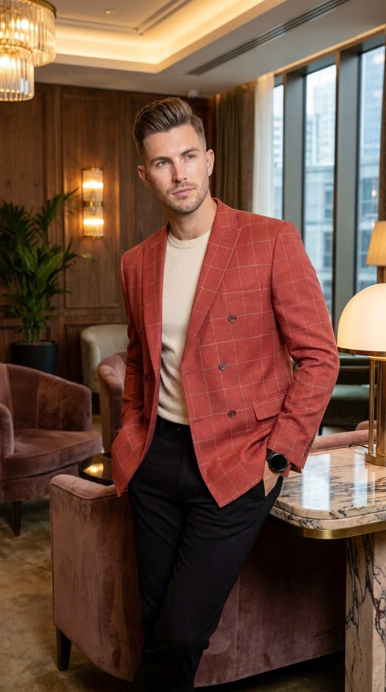 Men's Red Windowpane Plaid Double Breasted Suit – Modern Fit 2 Piece Wedding, Prom & Formal Dress Suit