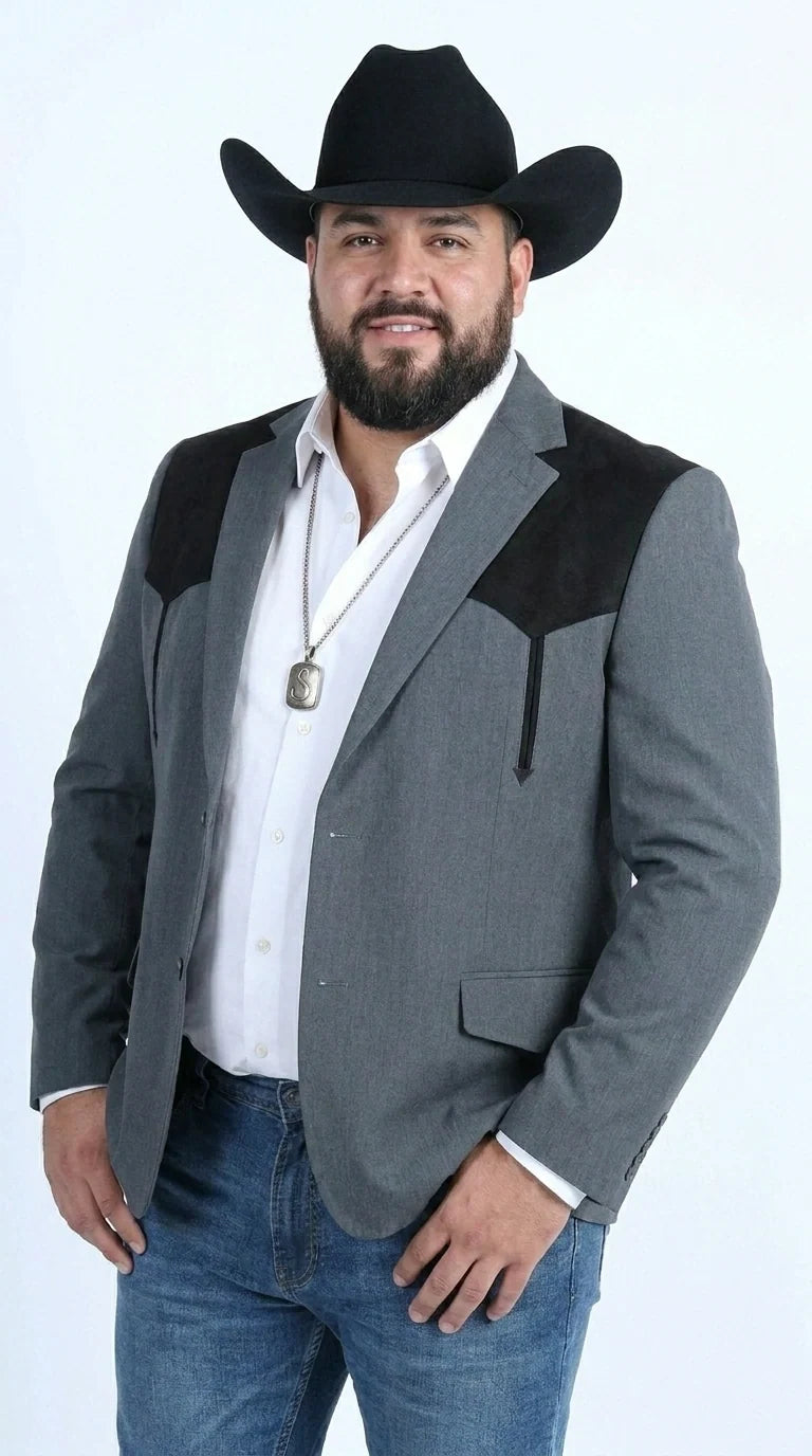Men’s Dark Charcoal Western Blazer with Black Suede Yokes, Cowboy Sport Coat for Ranch Wedding and Country Events