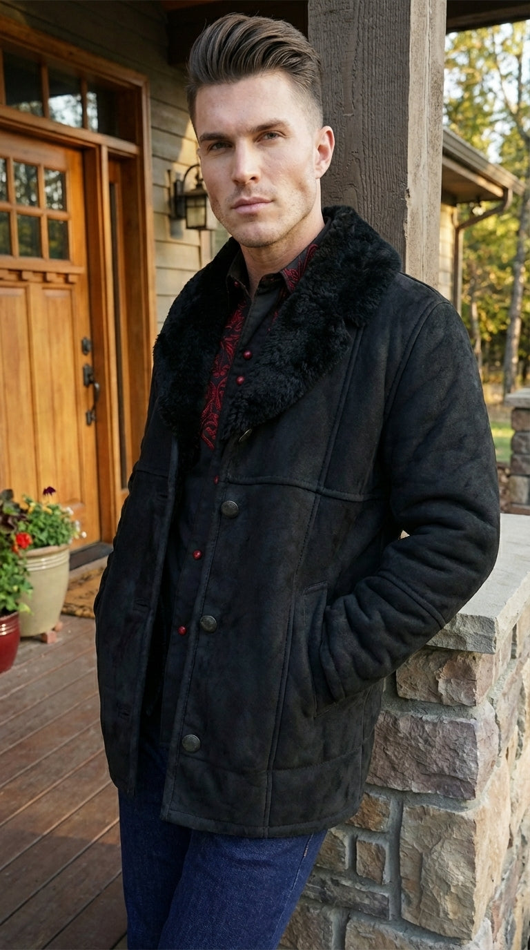 Men’s Black Sheepskin Leather Jacket Cowboy – Warm Faux Fur Collar Coat, Winter Long Jacket, Casual Western Style Outerwear