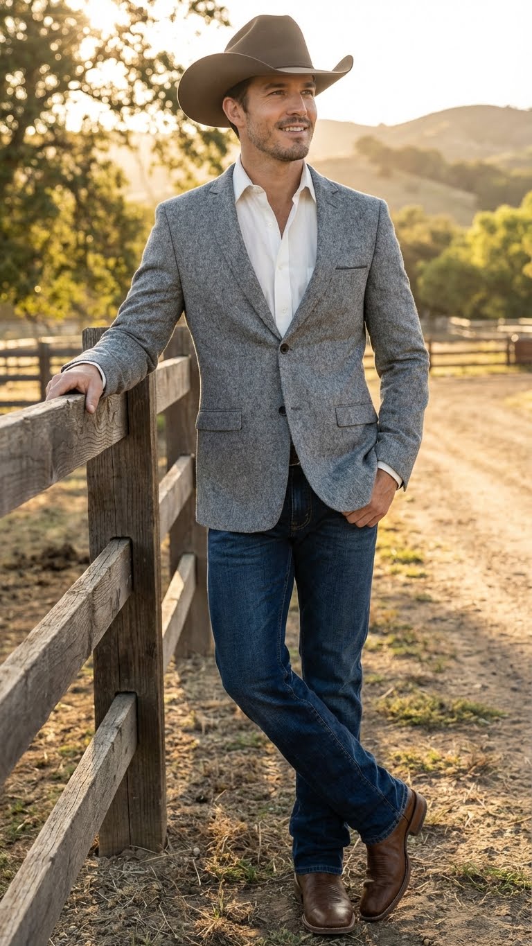 Men's Grey Tweed Herringbone Western Blazer Jacket Style Look, Textured Formal Casual Sport Coat for Jeans