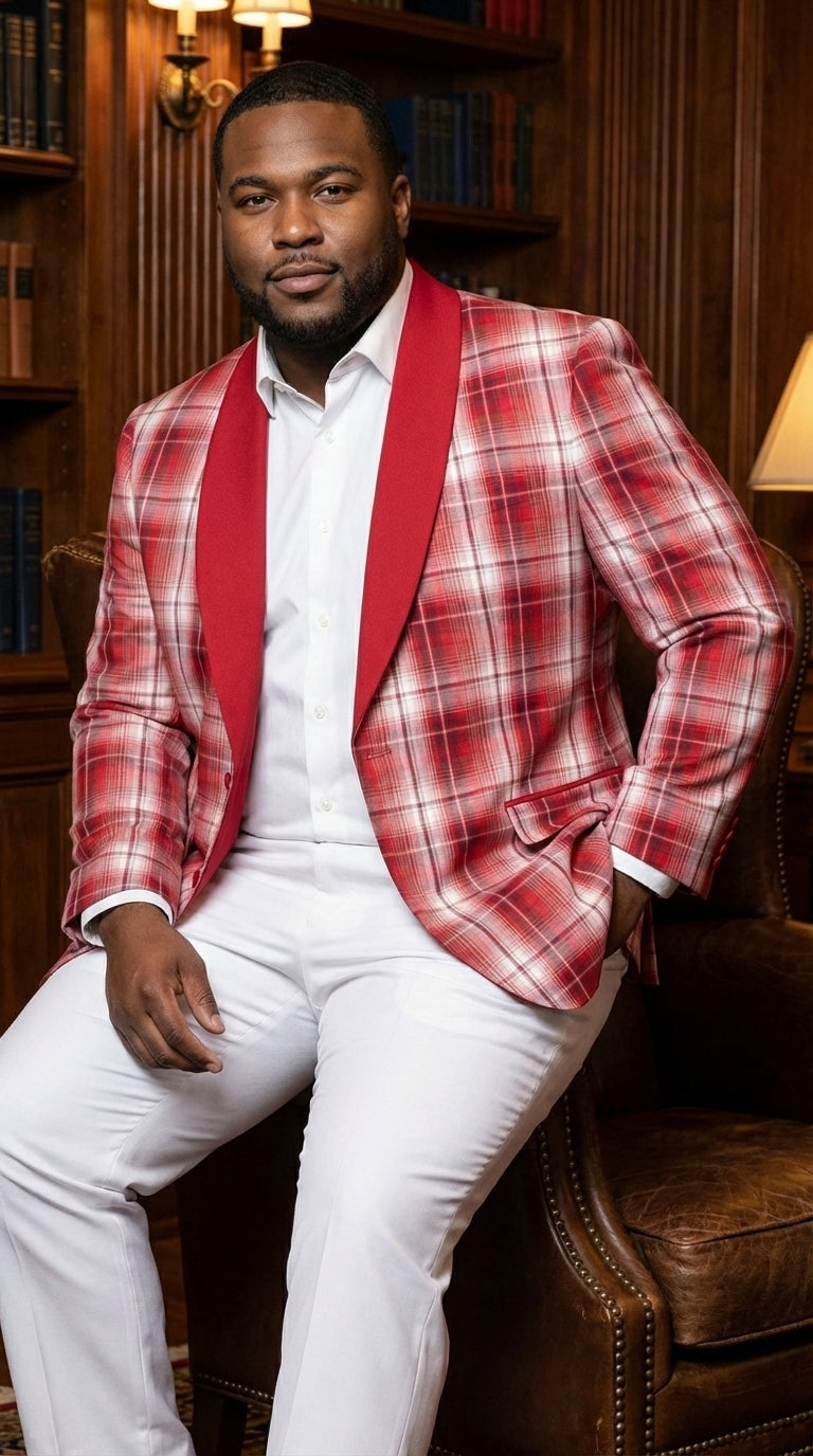 Mens Tartan Red and White Plaid Blazer – Check Pattern Sport Coat Red Shawl Lapel Party Christmas Holiday New Year