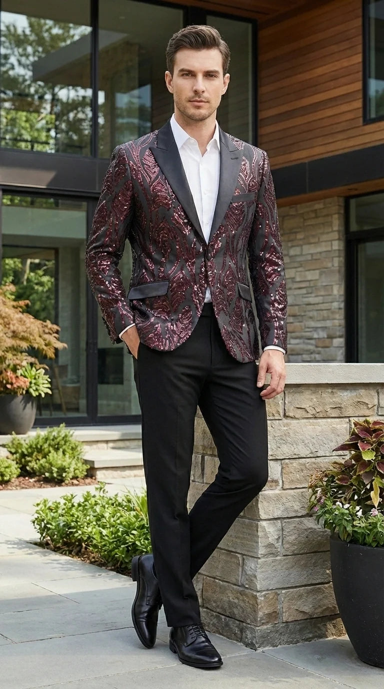 Men’s Black and Burgundy Sequin Blazer – Black Sparkle Sequin Party Blazer with Burgundy Pattern for Prom, Wedding Slim Fitted
