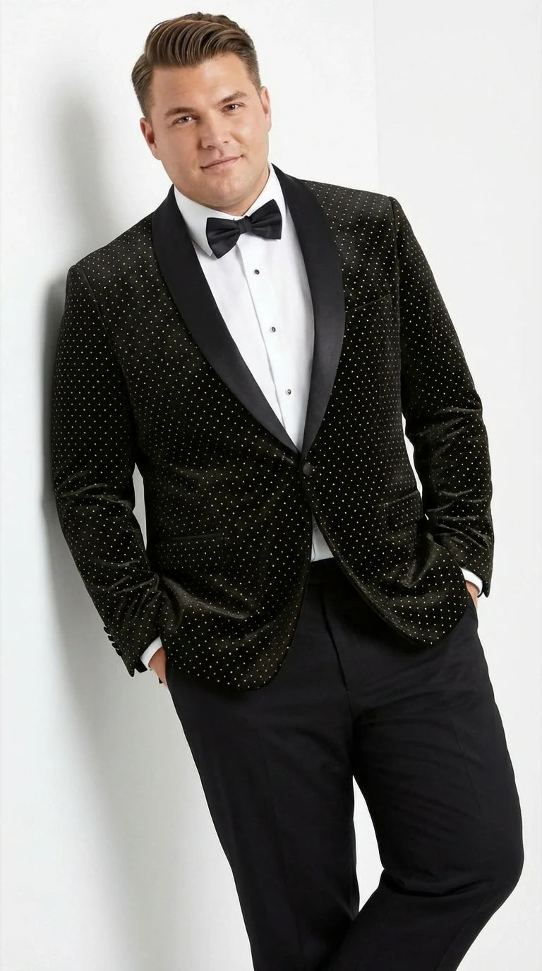Men’s Black Velvet Dinner Jacket Blazer with Satin Lapel – Formal Evening Tuxedo Style Jacket Polk Dots Pattern + Free bowtie