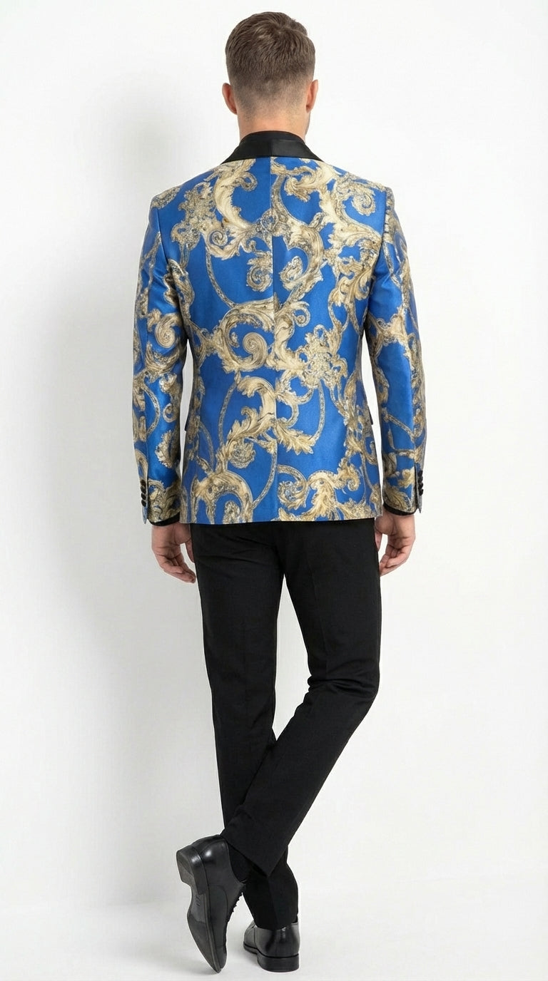 Men’s Royal Blue and Gold Blazer Jacket – Luxury Floral Pattern Tuxedo Blazer, Formal Party Wedding Dinner Jacket, Stylish Evening Wear