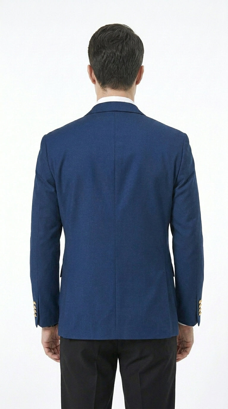 Men’s Sapphire Indigo Cobalt Blue Blazer with Gold Buttons – Classic Single Breasted Formal Business Jacket for Office, Wedding