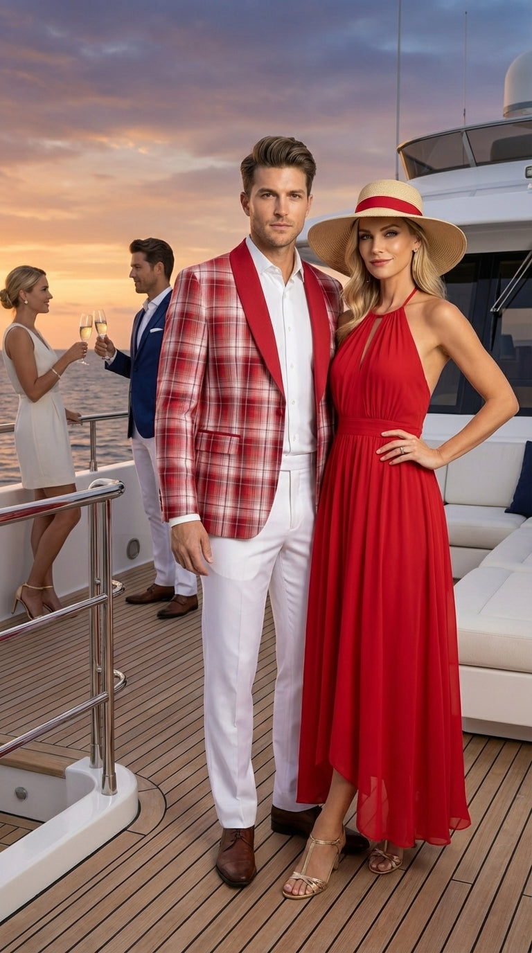 Mens Tartan Red and White Plaid Blazer – Check Pattern Sport Coat Red Shawl Lapel Party Christmas Holiday New Year