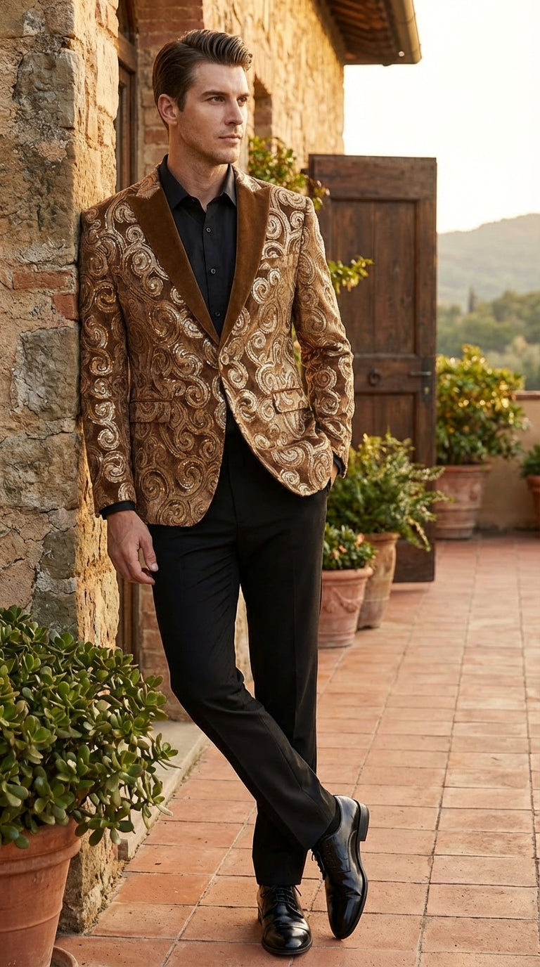 Men's Light Brown & Gold Baroque Embroidered Blazer Jacket | Tuxedo Dinner Jacket