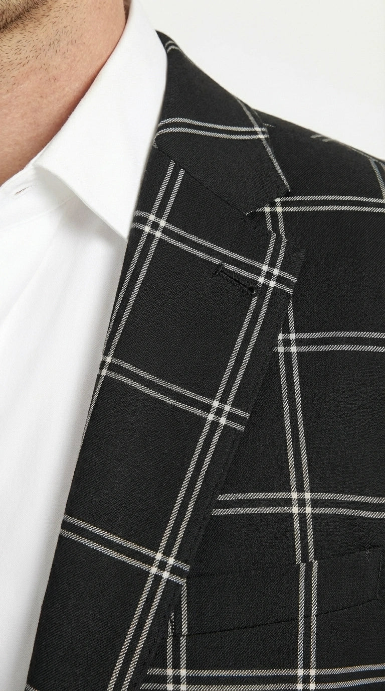 Men’s Black Windowpane Check Blazer – Black Plaid Formal Blazer Jacket for Business, Wedding and Smart Casual Style