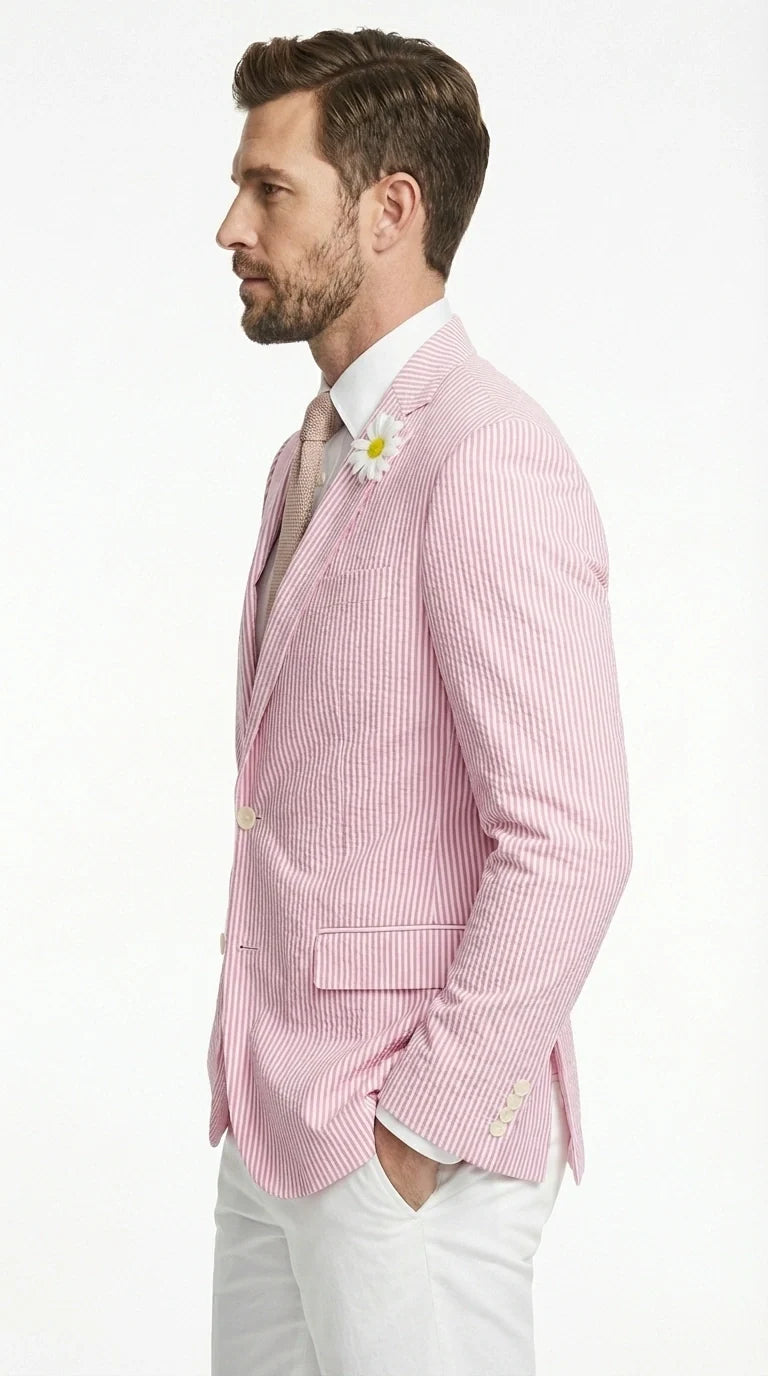 Mens Pink Seersucker Blazer – Lightweight Striped Summer Sport Coat Casual Smart Formal Jacket
