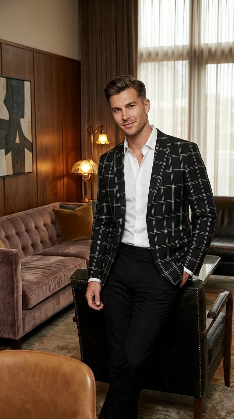 Men’s Black Windowpane Check Blazer – Black Plaid Formal Blazer Jacket for Business, Wedding and Smart Casual Style
