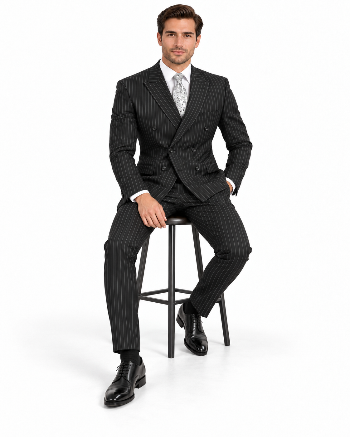 Mens Double Breasted Gangster Bold Pinstripe Suit in Black