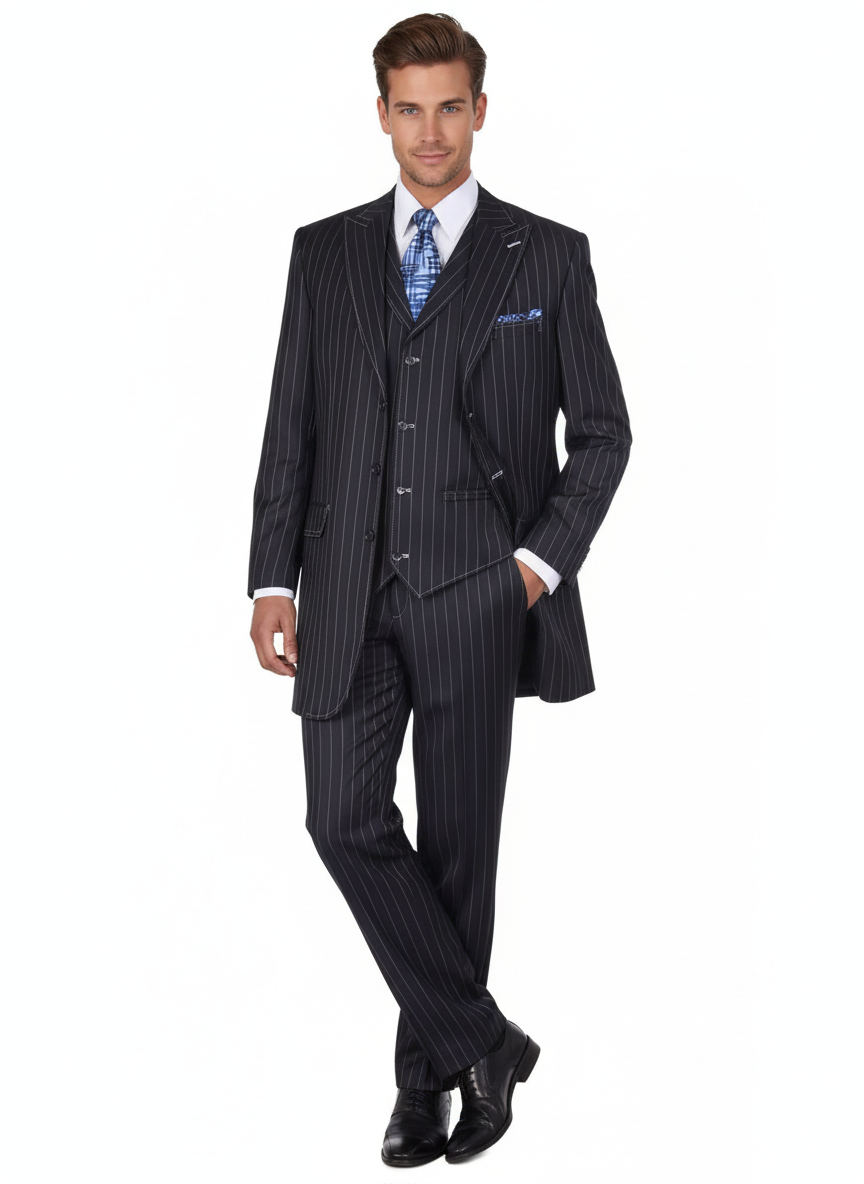 Men's Three Button Suits - Navy Blue Pinstripe Three-Piece Suit Classic Business and Formal Wear with Tailored Fit