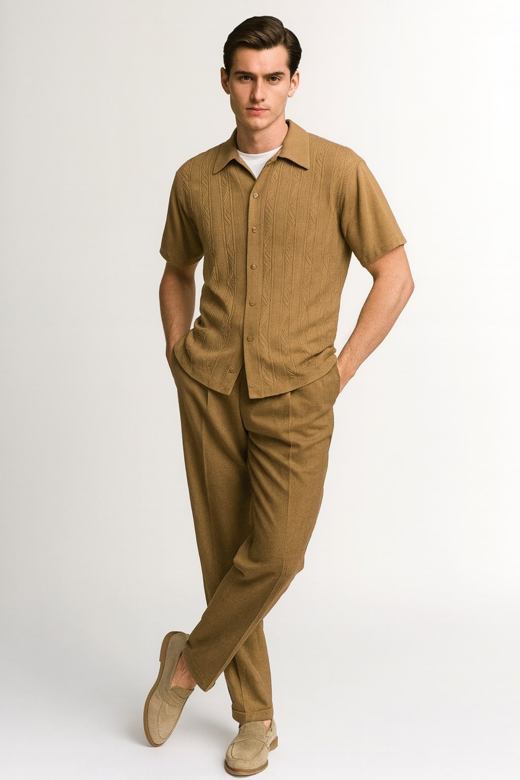 Mens Mocha Brown Short Sleeve Knit Walking Suit Two-Piece Casual Button Down Set in Taupe Coffee Color