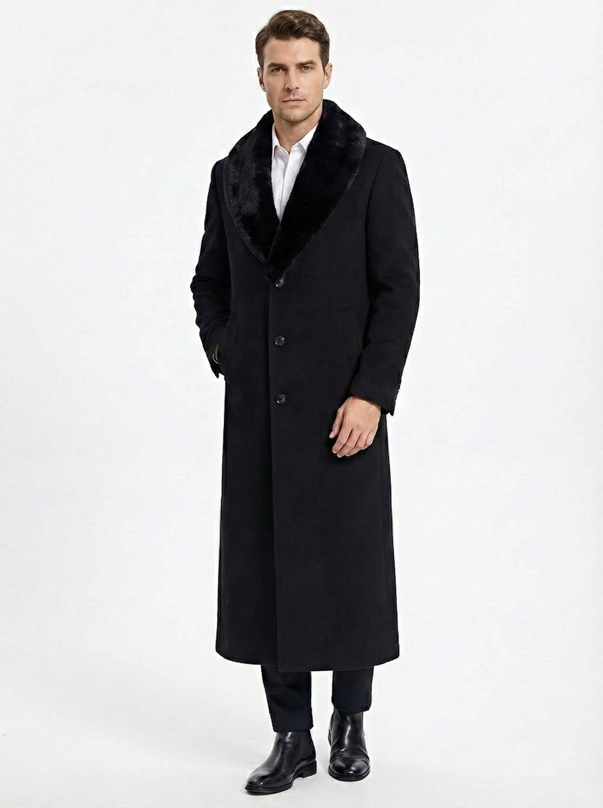 Mens Black Long Overcoat with Faux Fur Collar, Full Length Winter Topcoat for Formal and Business Wear