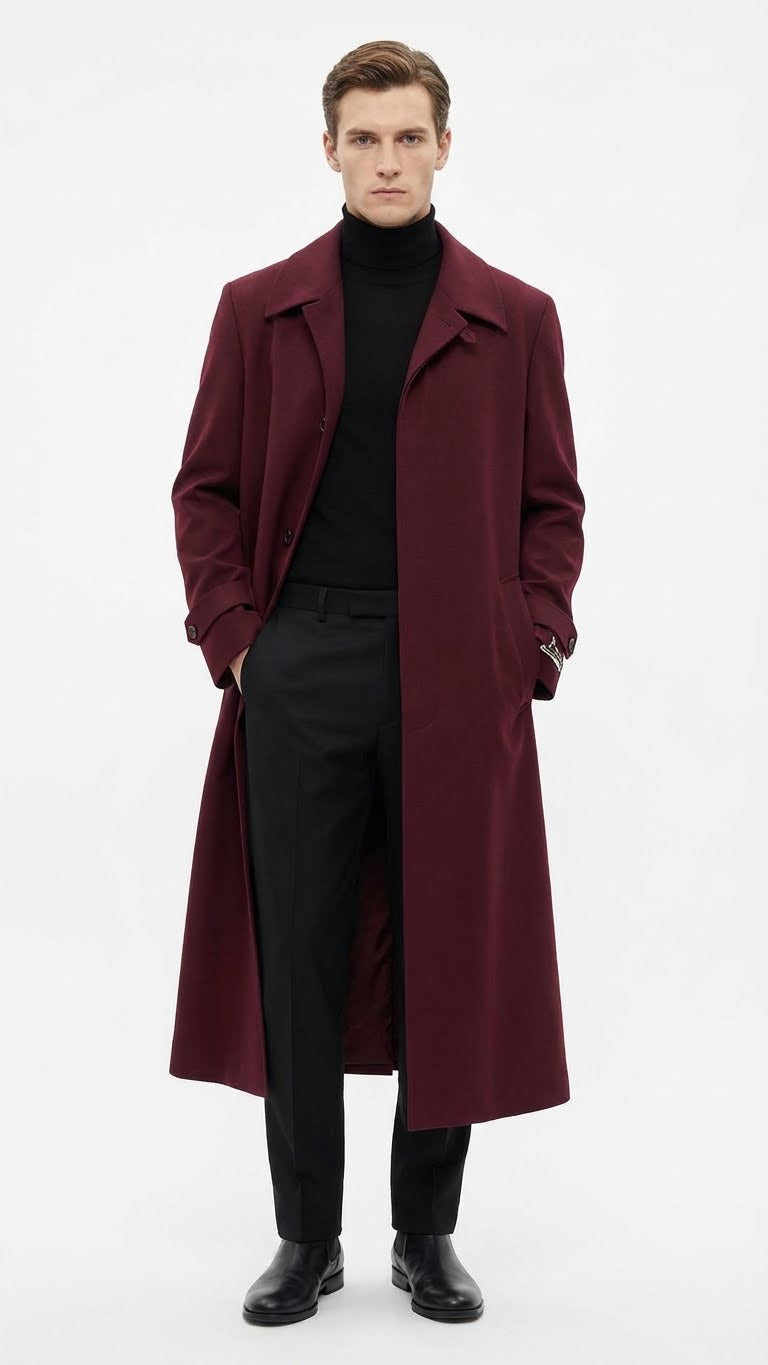 Mens Full-Length Burgundy Overcoat - Microfiber 4 season fabric Long Formal Coat with Classic Tailored Maxi Duster Coat