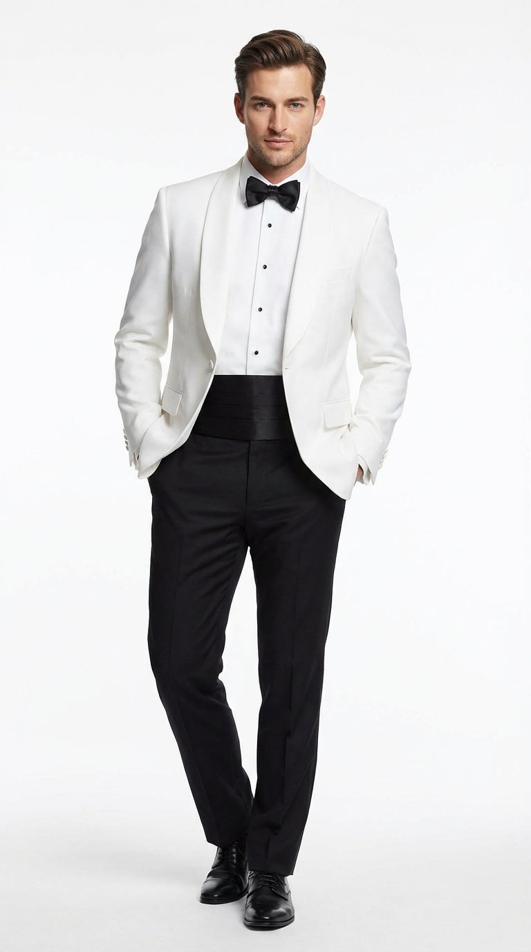 Men's White Dinner Jacket Tuxedo Blazer with Black Satin Shawl Lapel With Black Tuxedo Pants