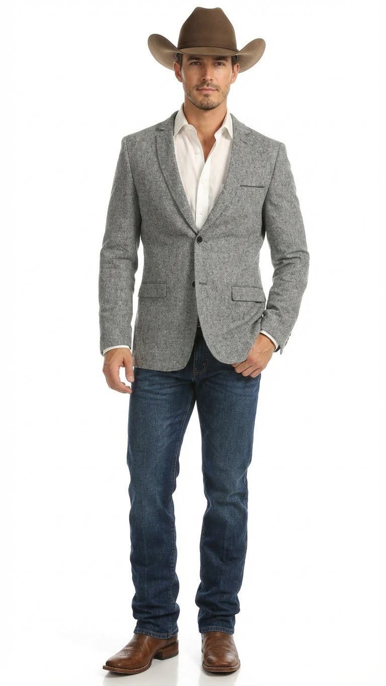 Men's Grey Tweed Herringbone Western Blazer Jacket Style Look, Textured Formal Casual Sport Coat for Jeans