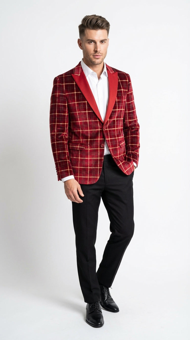 Mens Red Burgundy Plaid Blazer with Contrast Lapel – Velvet Fabric Check Prom Blazer Jacket for Party, Christmas New Year Holiday Jacket