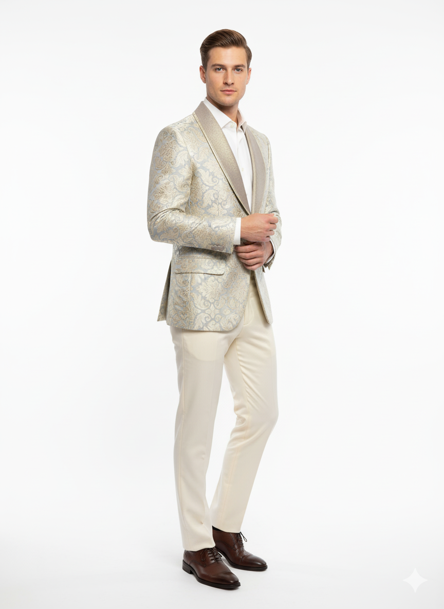Mens Champaign Silver and Cream Embroidered Luxury Blazer Floral Pattern Wedding & Party Dinner Jacket in Light Tan Color