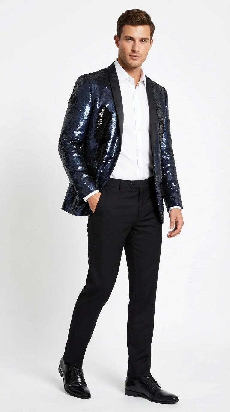 Men’s Navy Sequin Blazer – Navy Blue Sparkle Sequin Formal Blazer with Satin Lapel for Prom, Party and Evening Events