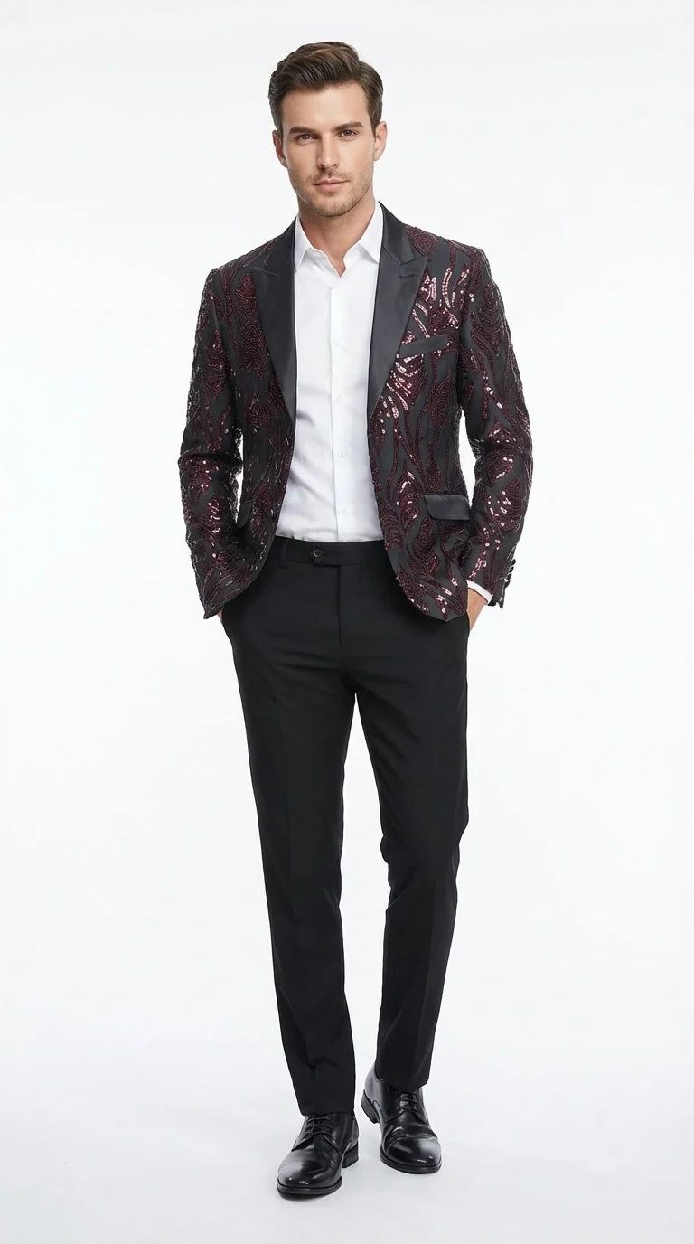 Men’s Black and Burgundy Sequin Blazer – Black Sparkle Sequin Party Blazer with Burgundy Pattern for Prom, Wedding Slim Fitted