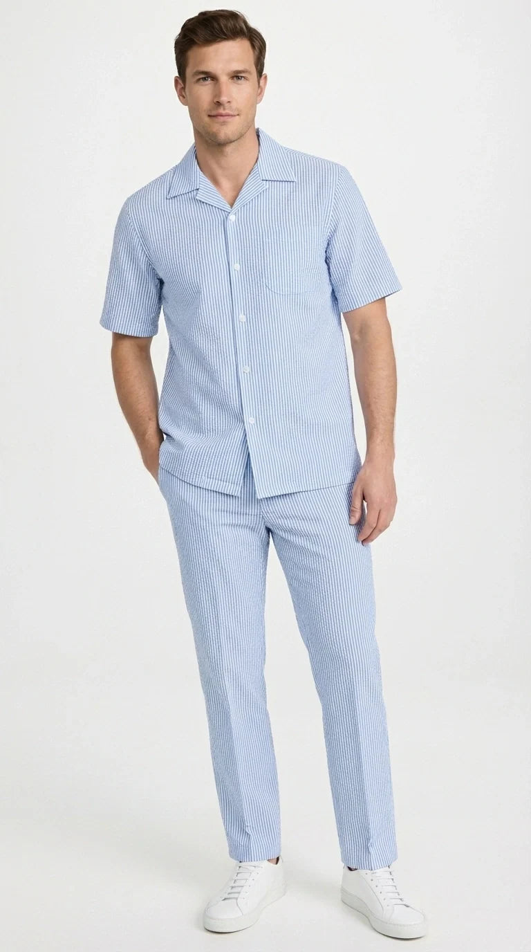 Mens Light Blue Seersucker Walking Suit Set – Casual Summer Short Sleeve Outfit with Matching Pants Lightweight Two Piece Set