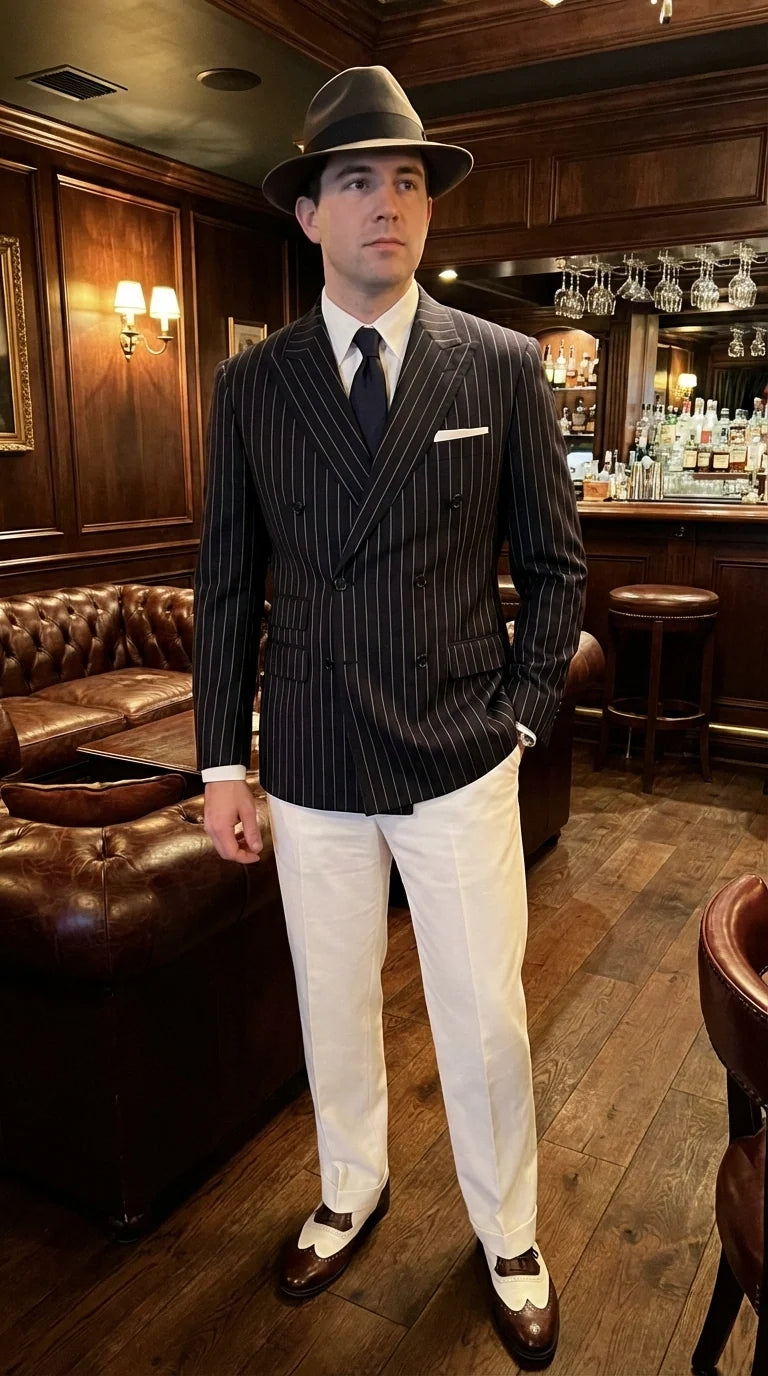 Men’s Black Pinstripe Blazer 1920s Gangster Mob Boss Style Jacket – Classic Double Breasted Vintage Suit Blazer, Formal Party Costume Wear