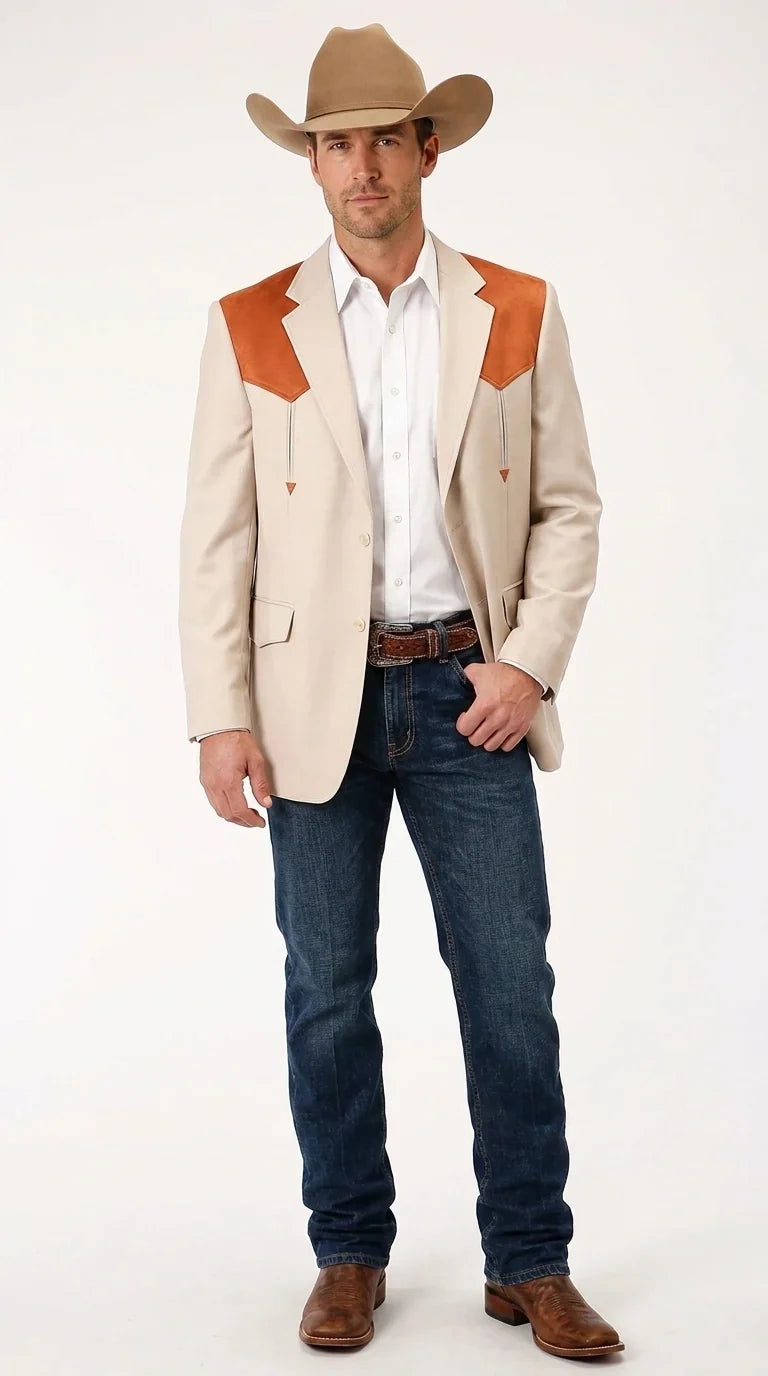 Men’s Tan Beige and Rust Western Cowboy Blazer – Classic Country Style Jacket, Vintage Western Dress Blazer for Men Country Jacket