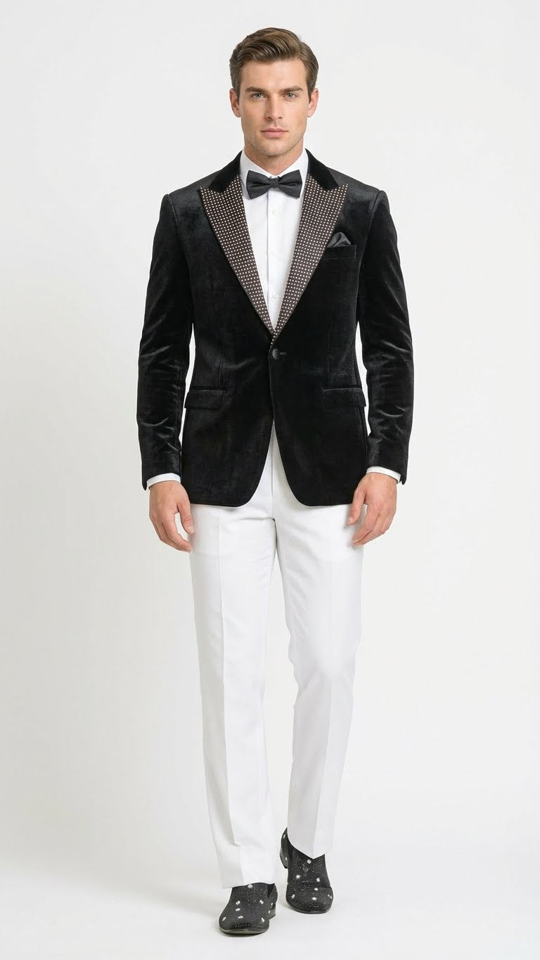 Mens Black Velvet Tuxedo Blazer with Studded Lapel Formal Evening Jacket