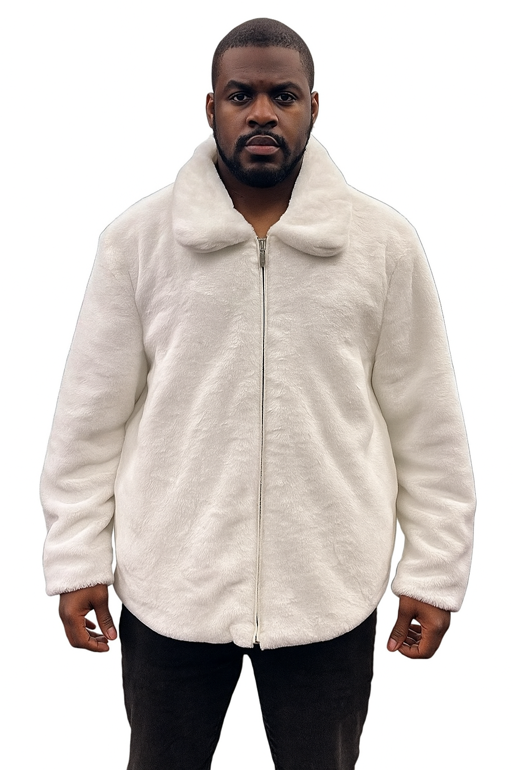Men's White Fur Short Coat – Single Breasted, Full Zip, Regular Fit