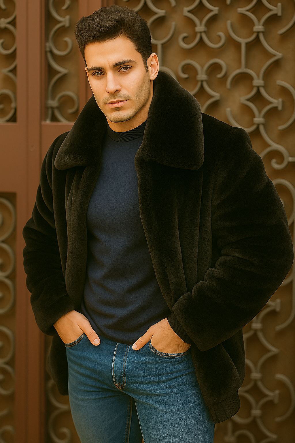 Men's Black Faux Fur Overcoat – Fuzzy Warm Winter Jacket Style