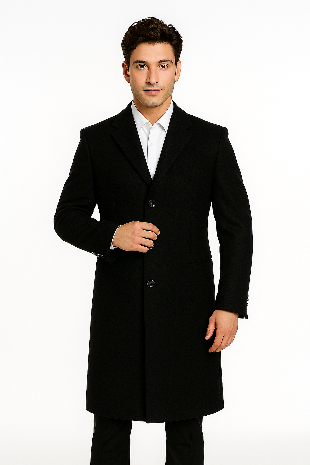 Men's Black Wool Overcoat – 3 Button Ankle Length Winter Dress Coat