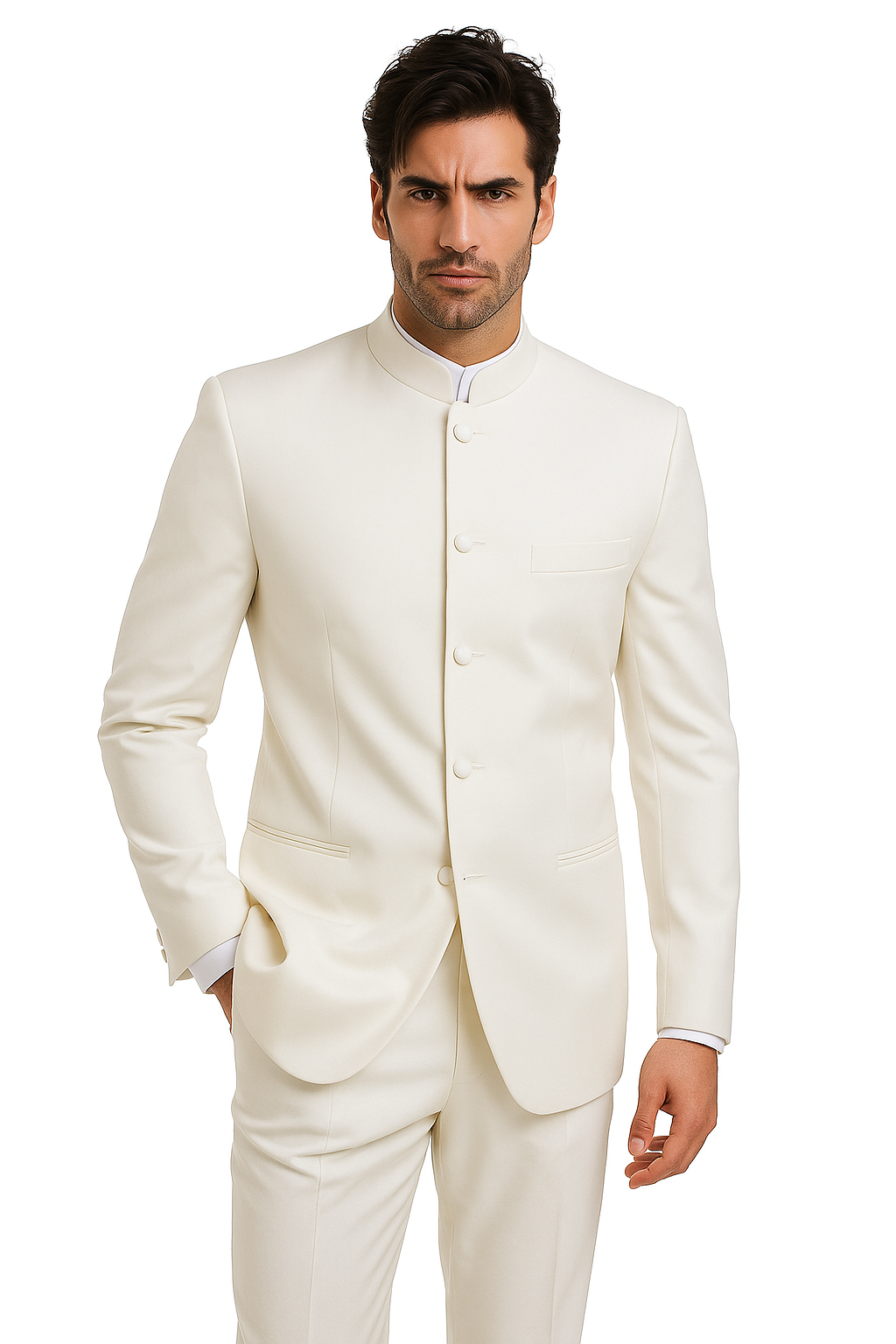 Mandarin Collar Tuxedo - Mandarin Tuxedo - No Collar Suit - Ivory Suit