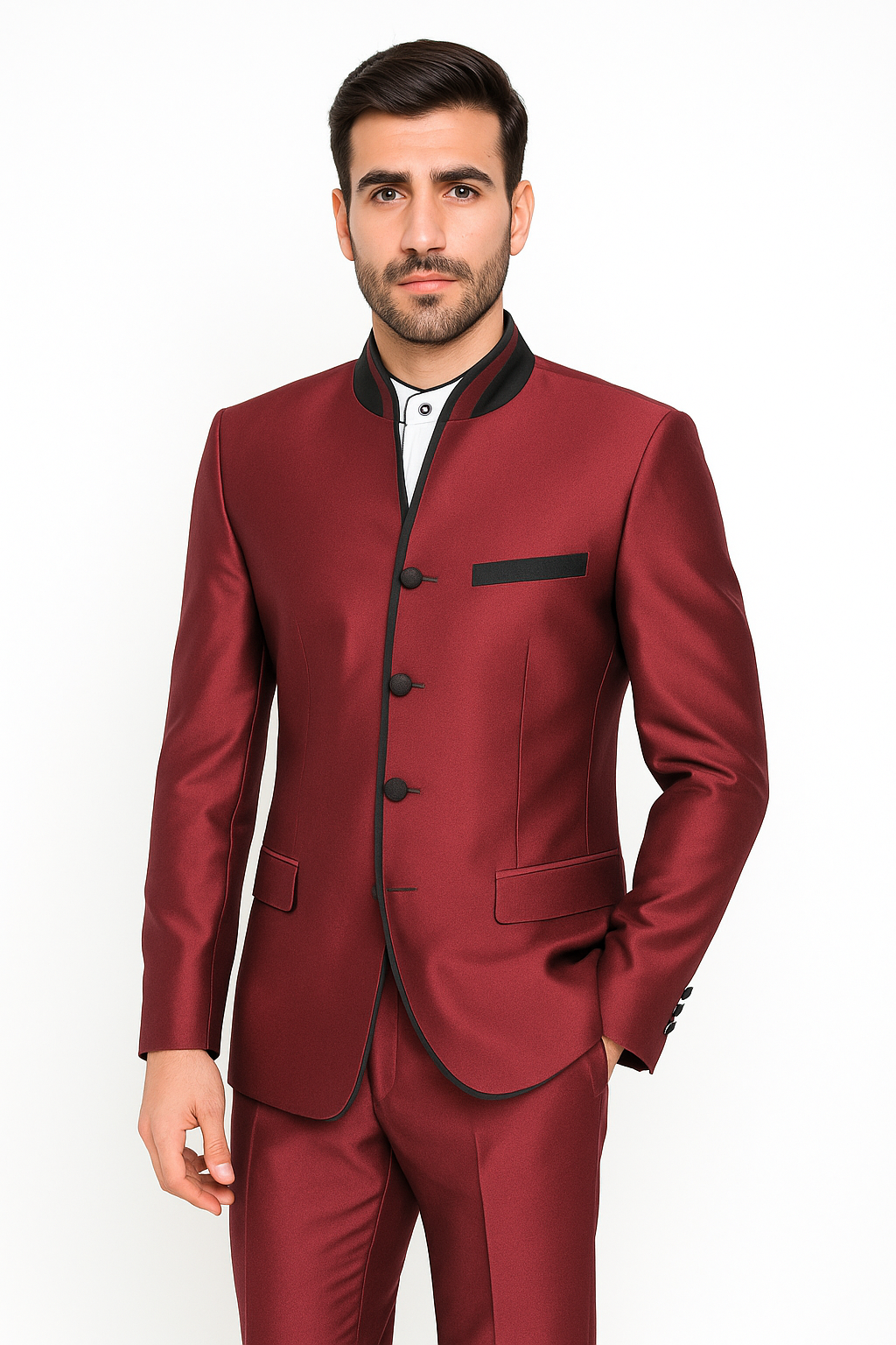 Mandarin Collar Tuxedo - Mandarin Tuxedo - No Collar Suit - Wine Suit