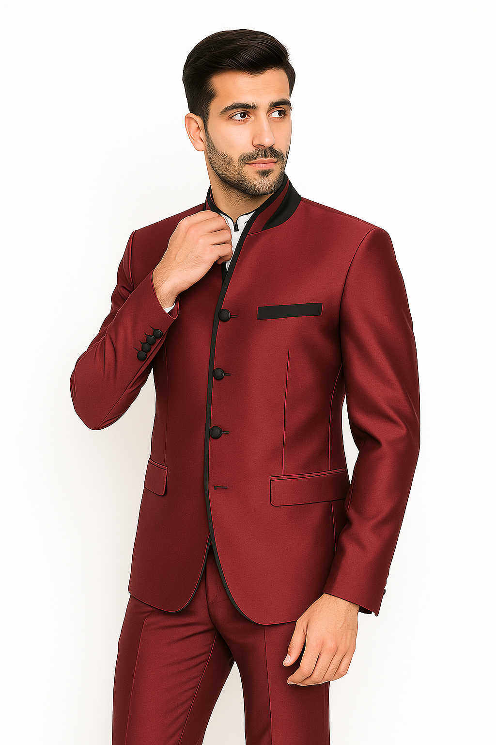 Mandarin Collar Tuxedo - Mandarin Tuxedo - No Collar Suit - Wine Suit