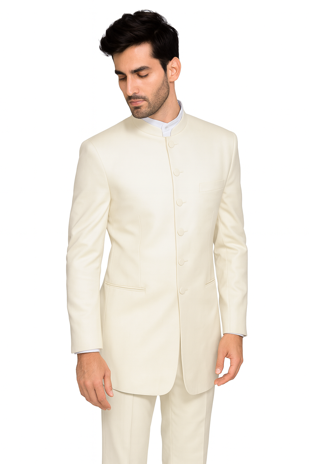 Mandarin Collar Tuxedo - Mandarin Tuxedo - No Collar Suit - Cream Suit