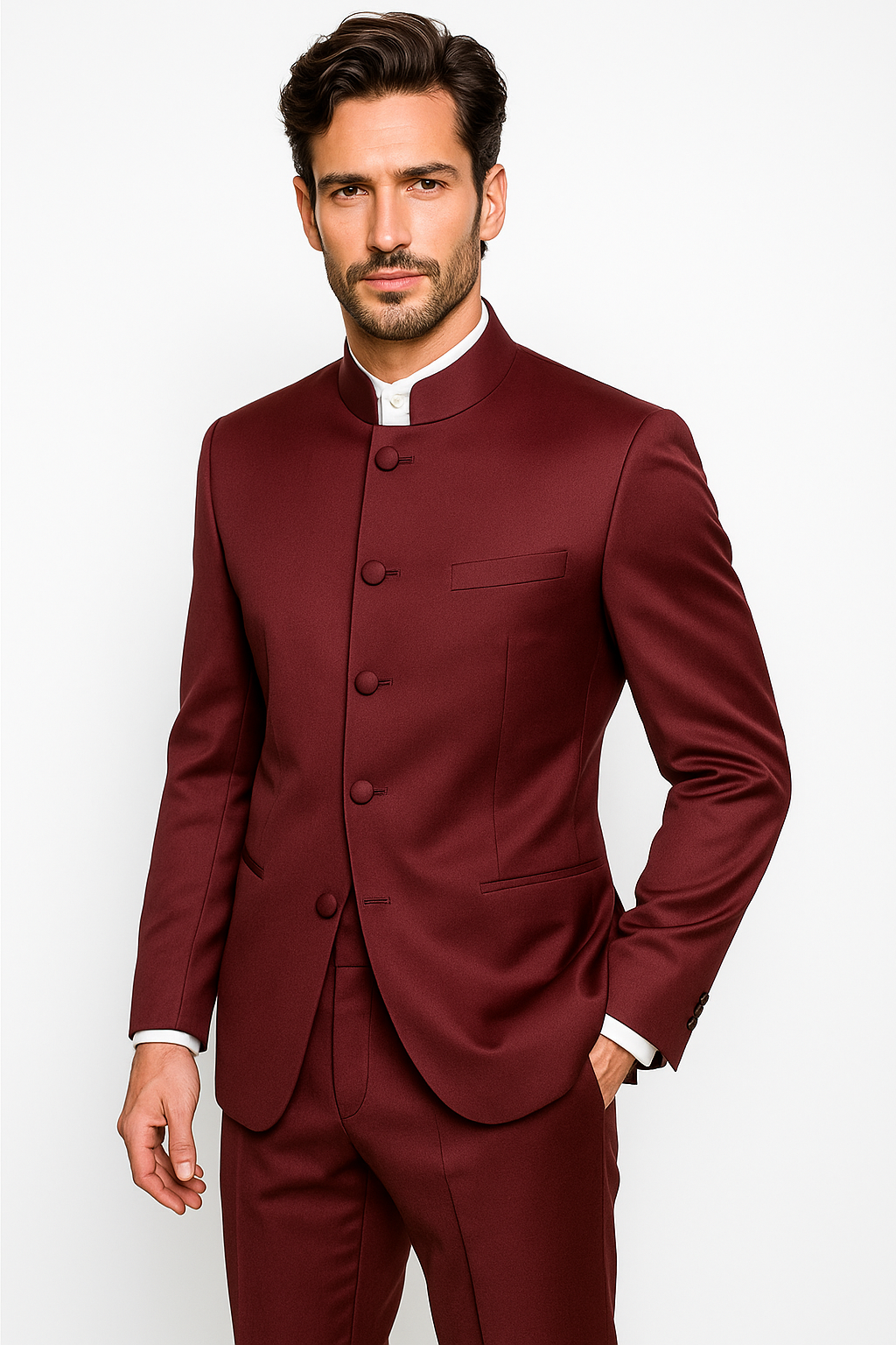 Mandarin Collar Tuxedo - Mandarin Tuxedo - No Collar Suit - Burgundy Suit