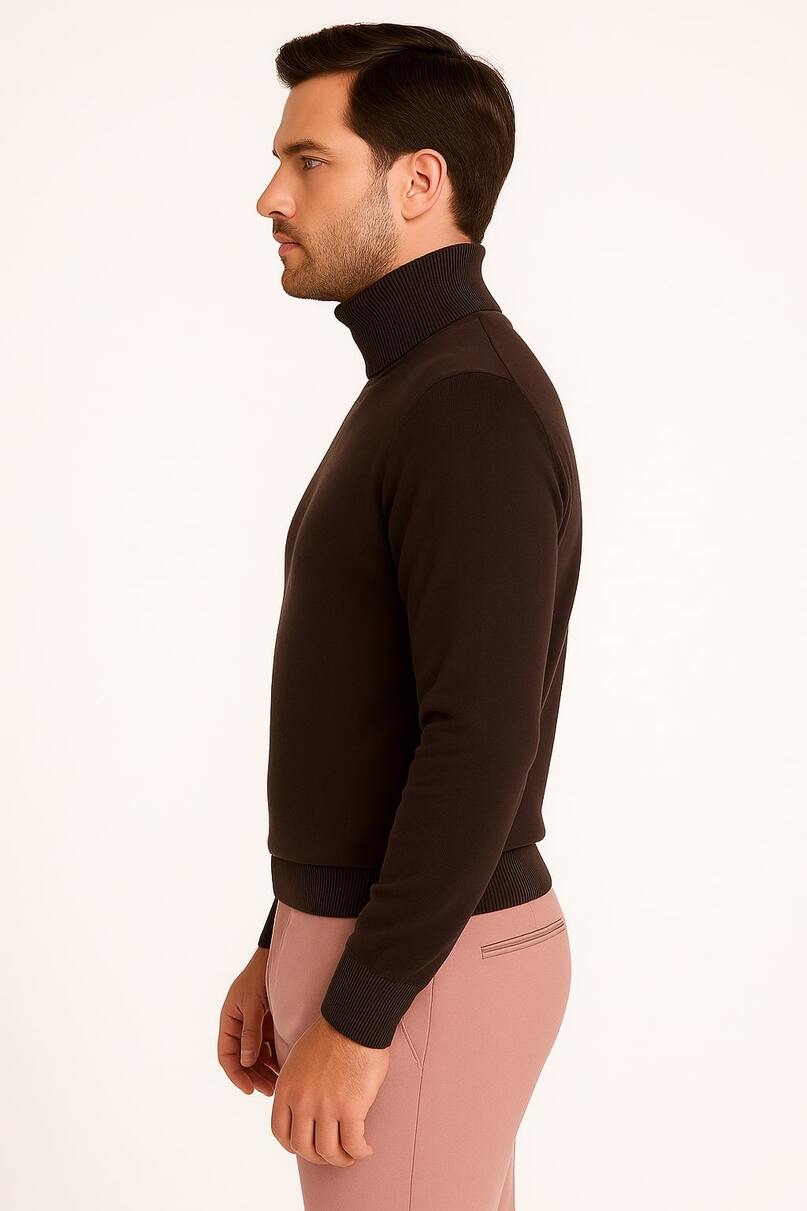 Men's Brown Turtleneck Sweater – Classic Slim Fit Knit Pullover for Fall and Winter