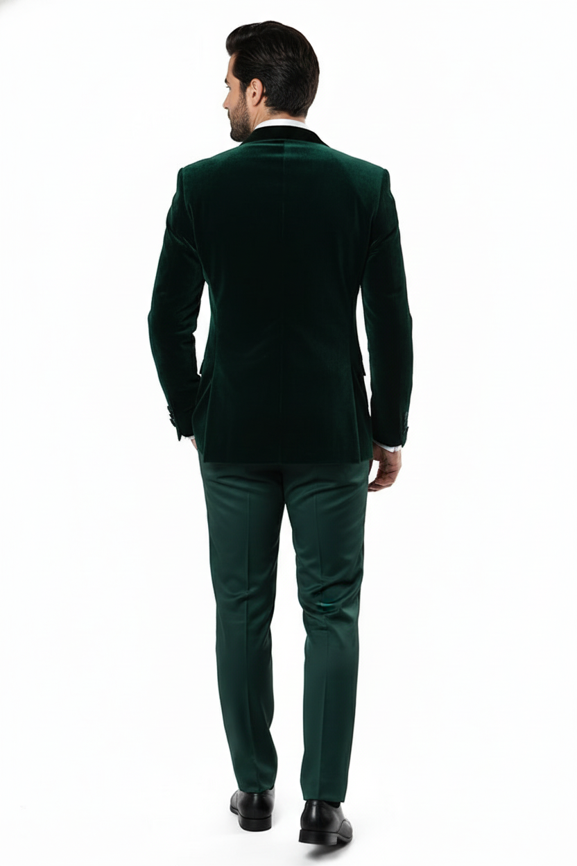 Mens Dark Green Velvet Tuxedo Dinner Jacket Slim Fit Formal Blazer with Satin Peak Lapel Lape