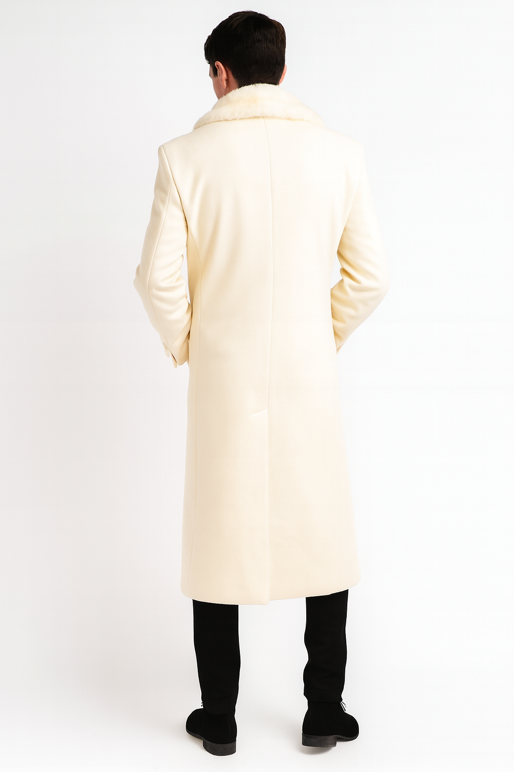 Mens Ivory - Cream - Off White Full-Length Overcoat with Luxurious Faux Fur Shawl Collar – Winter Dress Coat