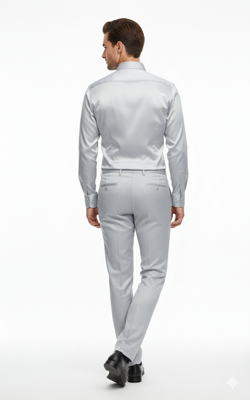 Mens Silver Satin Dress Shirt and Pants Set Luxury Slim Fit Outfit for Parties, Weddings, and Formal Events