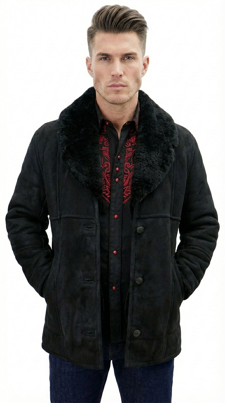 Men’s Black Sheepskin Leather Jacket Cowboy – Warm Faux Fur Collar Coat, Winter Long Jacket, Casual Western Style Outerwear