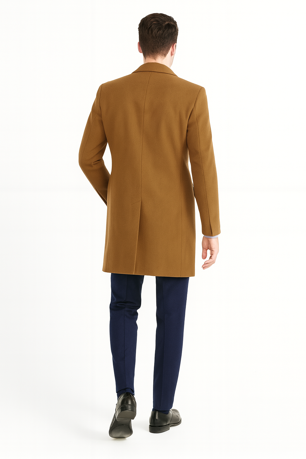 Mens Camel Brown Wool Overcoat – Classic Long Dress Coat for Business and Casual Wear in Vecuna Color