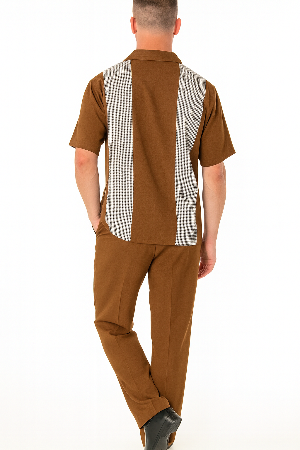 Mens Cognac Tan Two-Piece Outfit – Short Sleeve Button-Up Shirt and Pants Set
