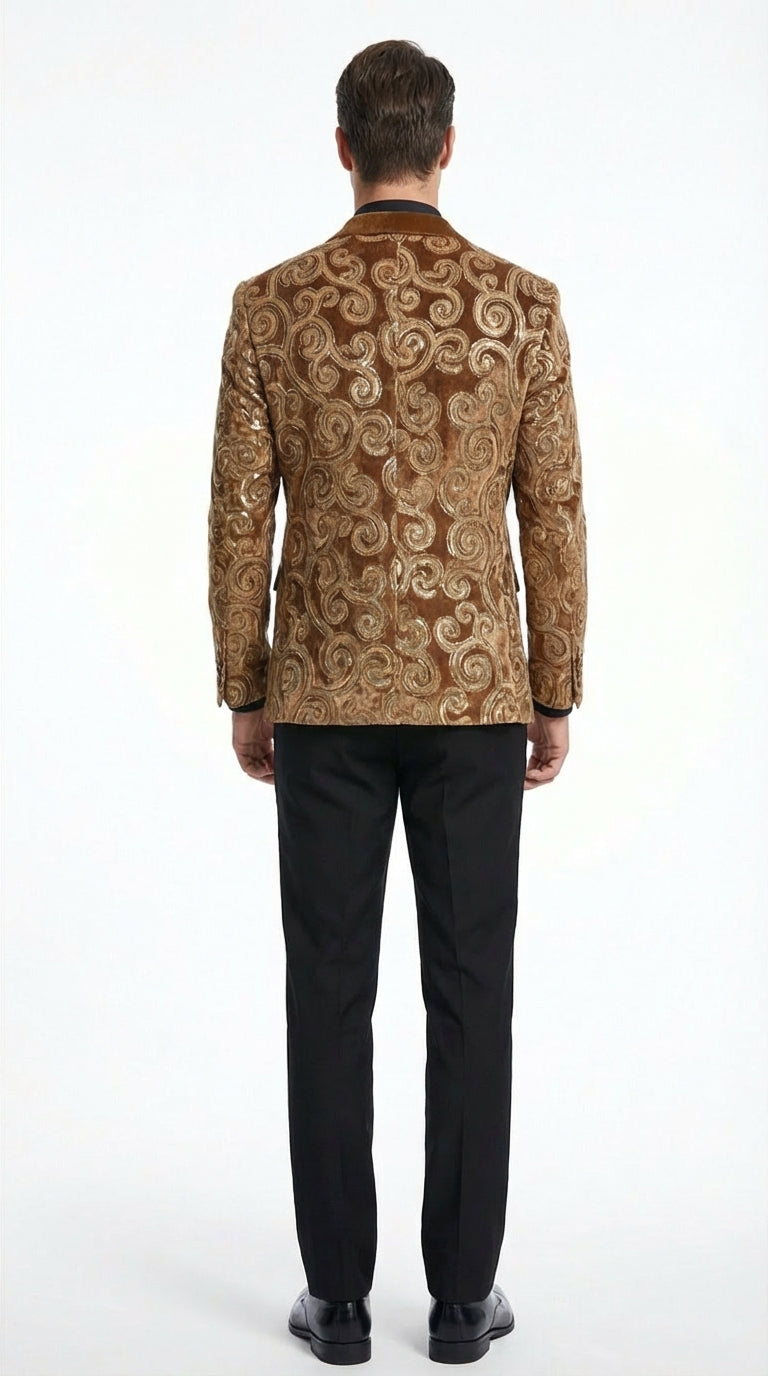 Men's Light Brown & Gold Baroque Embroidered Blazer Jacket | Tuxedo Dinner Jacket