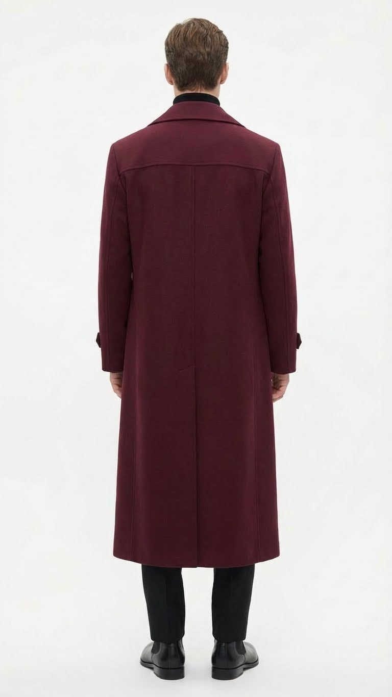 Mens Full-Length Burgundy Overcoat - Microfiber 4 season fabric Long Formal Coat with Classic Tailored Maxi Duster Coat