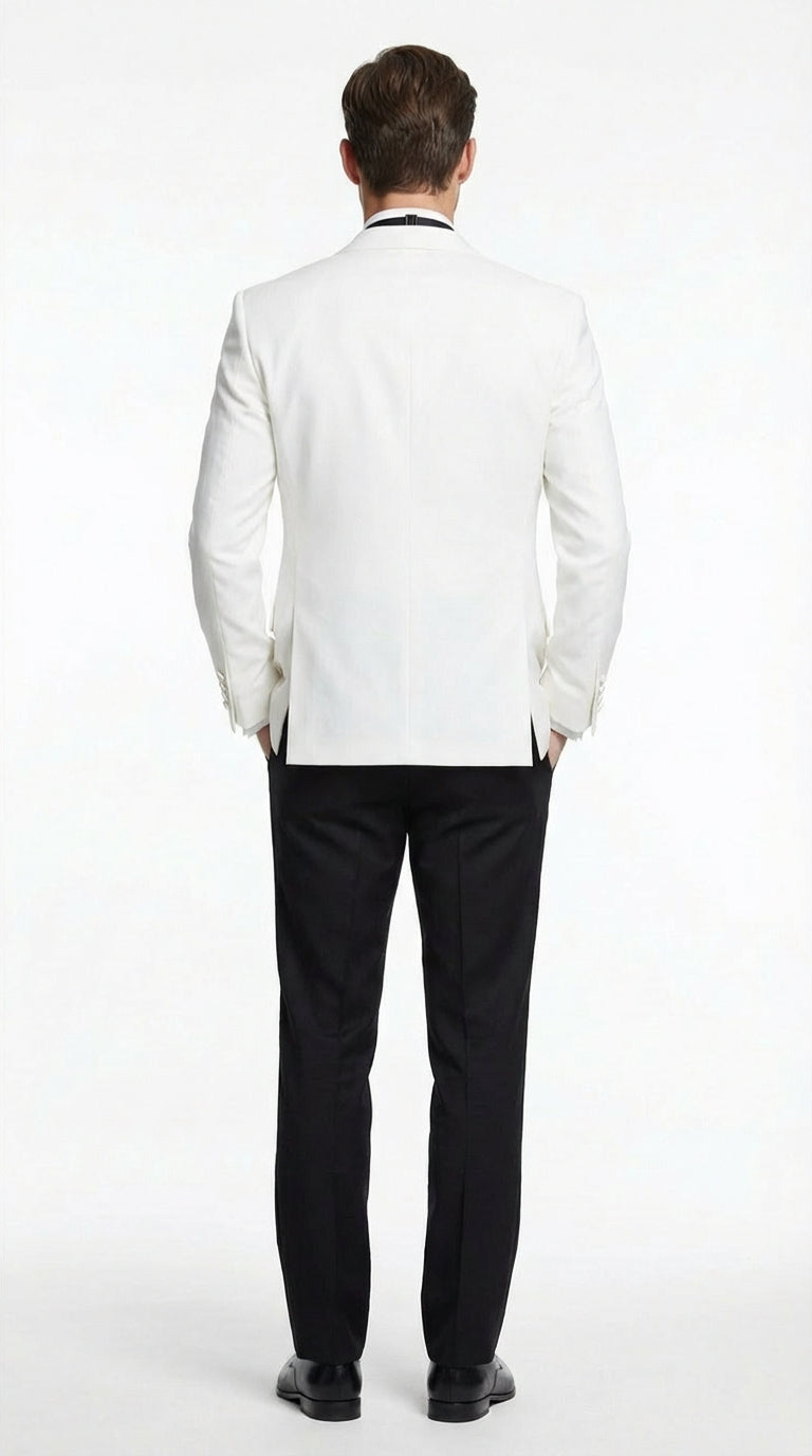 Men's White Dinner Jacket Tuxedo Blazer with Black Satin Shawl Lapel With Black Tuxedo Pants