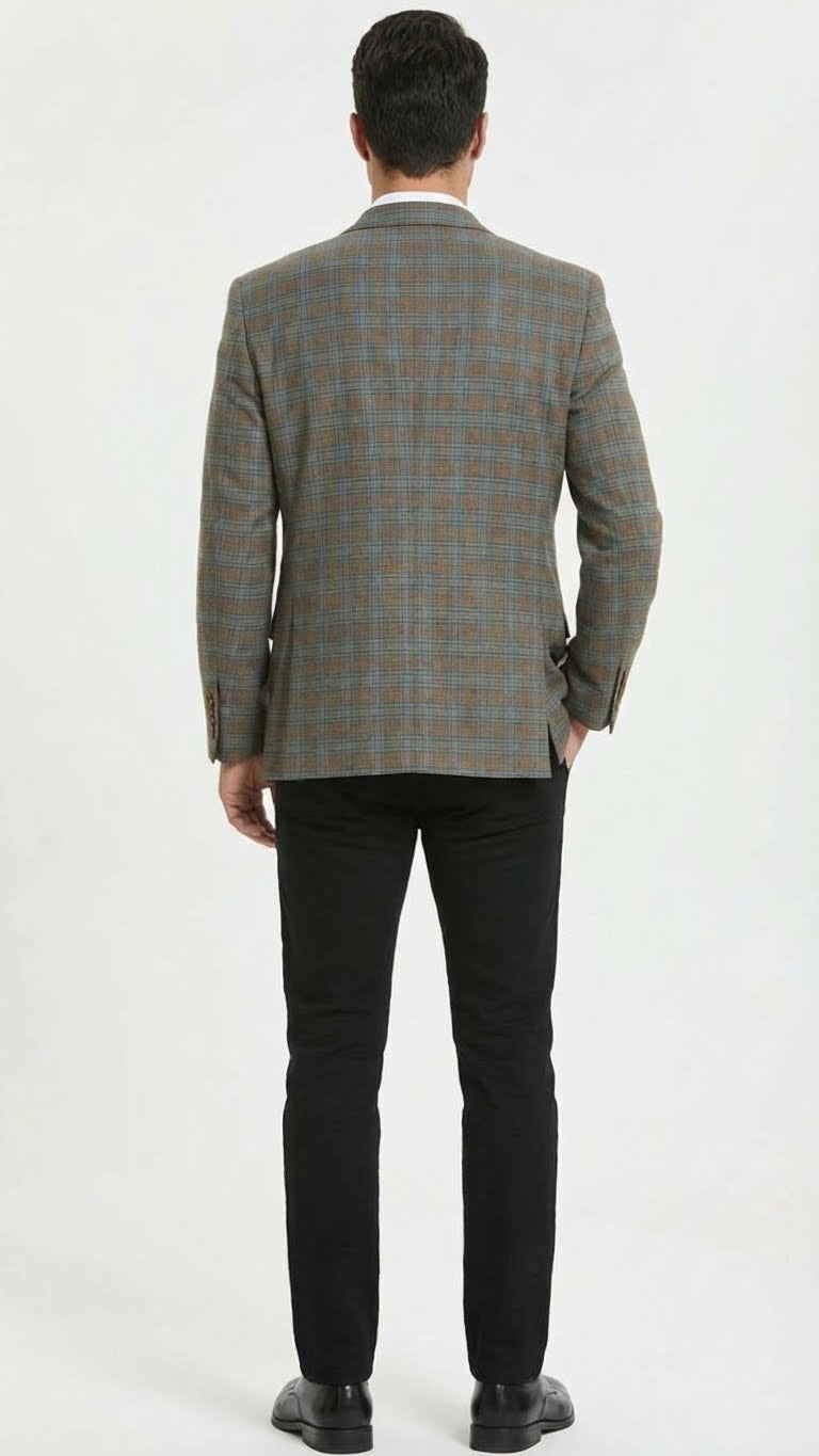 Mens Green Brown and Teal Plaid Sport Coat Tailored Fit Check Blazer Jacket - Tartan Sportcoat